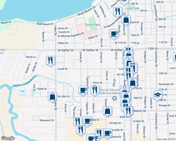 map of restaurants, bars, coffee shops, grocery stores, and more near 410 Louie Street in Lake Charles