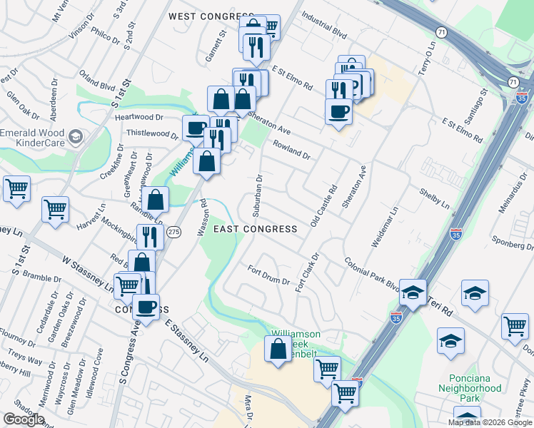 map of restaurants, bars, coffee shops, grocery stores, and more near 307 Tilbury Lane in Austin