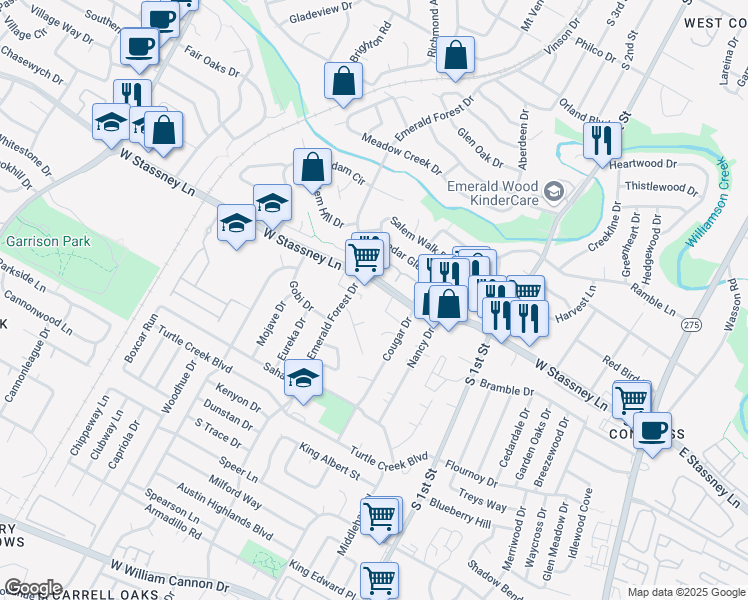 map of restaurants, bars, coffee shops, grocery stores, and more near 1005 West Stassney Lane in Austin