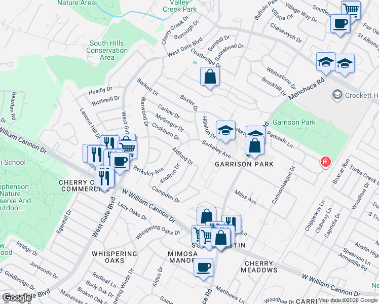 map of restaurants, bars, coffee shops, grocery stores, and more near 6305 Berkeley Cove in Austin