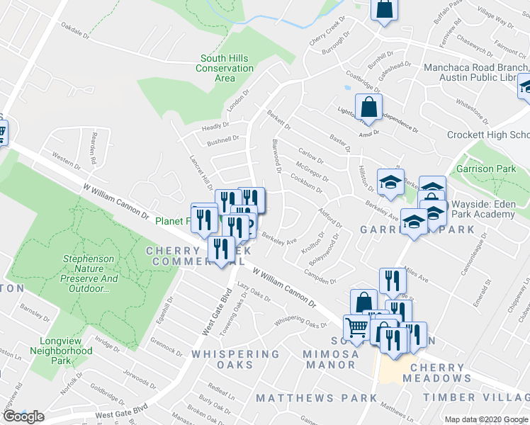 map of restaurants, bars, coffee shops, grocery stores, and more near 2600 Brickford Cove in Austin