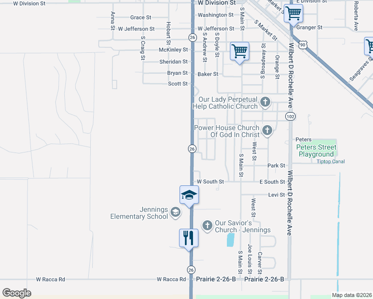 map of restaurants, bars, coffee shops, grocery stores, and more near 1101-1299 South Lake Arthur Avenue in Jennings