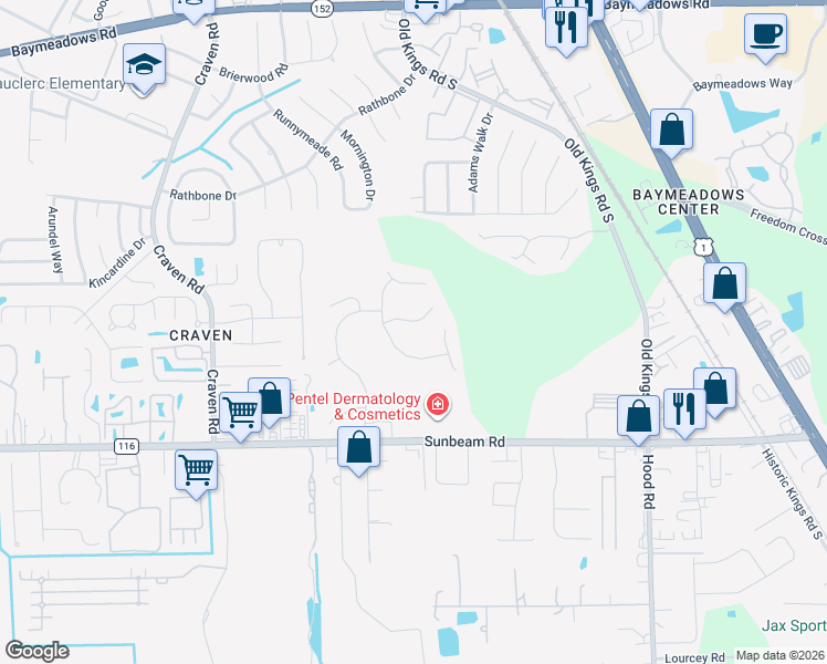 map of restaurants, bars, coffee shops, grocery stores, and more near 4740 Cumberland Station Ct in Jacksonville