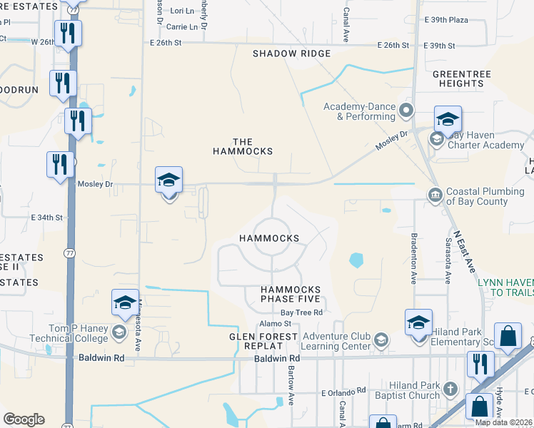 map of restaurants, bars, coffee shops, grocery stores, and more near 3327 Azalea Circle in Lynn Haven