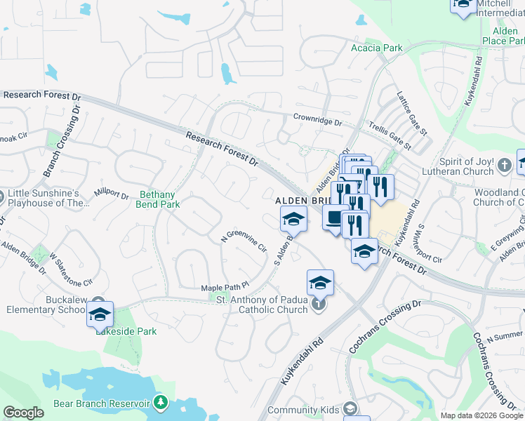 map of restaurants, bars, coffee shops, grocery stores, and more near 82 Wintergreen Trail in Spring