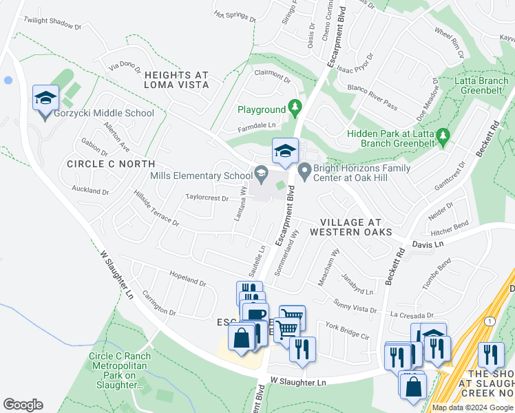 map of restaurants, bars, coffee shops, grocery stores, and more near 9001 Tanak Lane in Austin