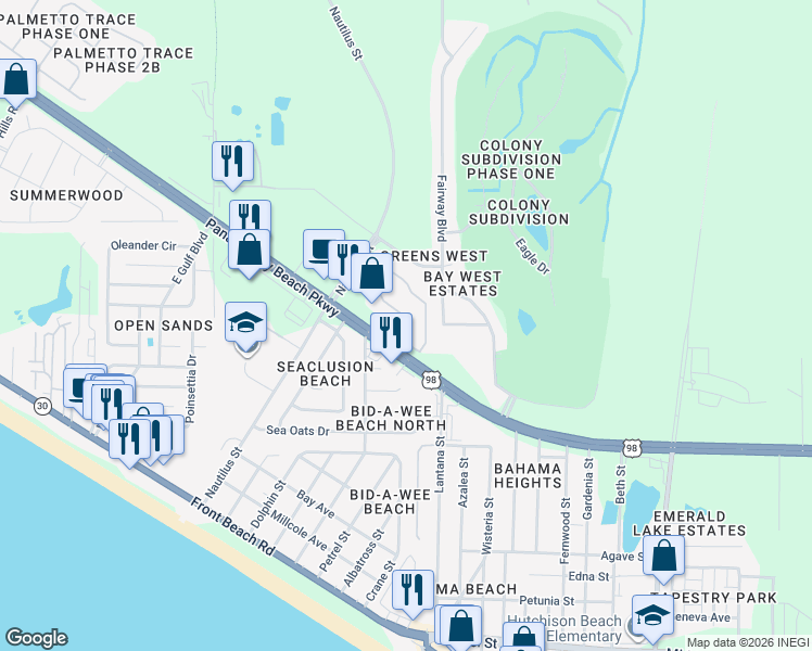 map of restaurants, bars, coffee shops, grocery stores, and more near 13800 Panama City Beach Parkway in Panama City Beach