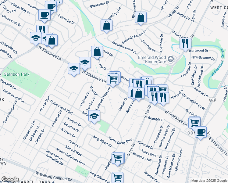 map of restaurants, bars, coffee shops, grocery stores, and more near 1005 West Stassney Lane in Austin