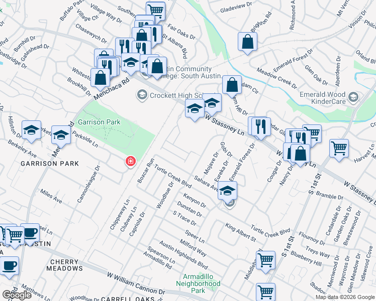 map of restaurants, bars, coffee shops, grocery stores, and more near 1402 Casa Drive in Austin