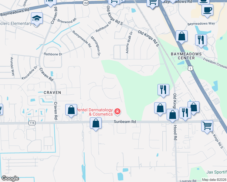 map of restaurants, bars, coffee shops, grocery stores, and more near 4740 Cumberland Station Court in Jacksonville