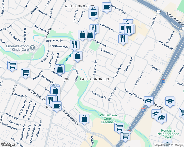 map of restaurants, bars, coffee shops, grocery stores, and more near 4912 Suburban Drive in Austin
