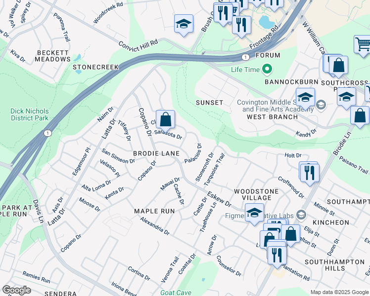 map of restaurants, bars, coffee shops, grocery stores, and more near 4302 Clarno Drive in Austin