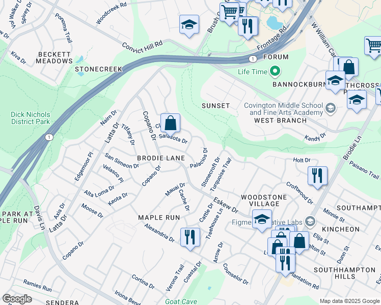 map of restaurants, bars, coffee shops, grocery stores, and more near 4302 Clarno Drive in Austin