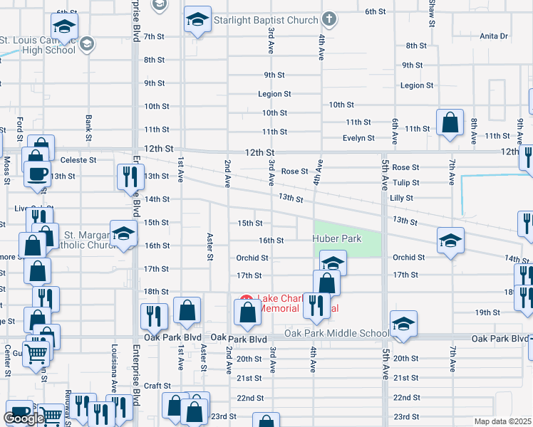 map of restaurants, bars, coffee shops, grocery stores, and more near 2302 3rd Avenue in Lake Charles