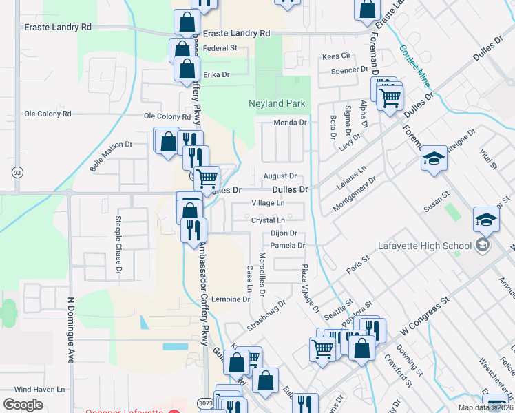 map of restaurants, bars, coffee shops, grocery stores, and more near 211 Village Lane in Lafayette
