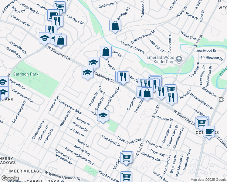 map of restaurants, bars, coffee shops, grocery stores, and more near 5704 Emerald Forest Drive in Austin