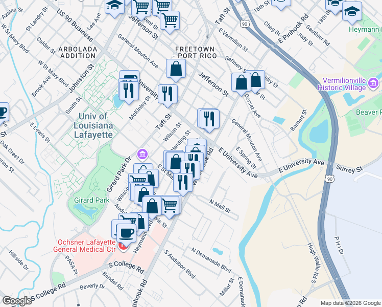 map of restaurants, bars, coffee shops, grocery stores, and more near 1000 Tulane Avenue in Lafayette