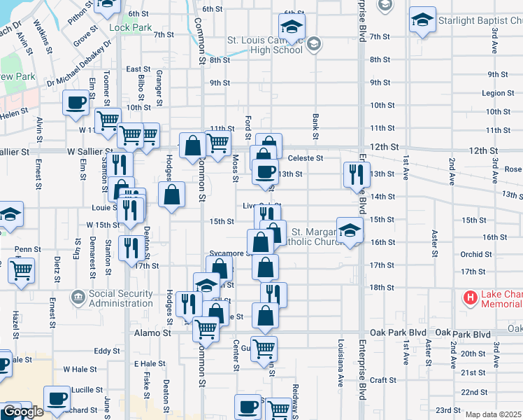 map of restaurants, bars, coffee shops, grocery stores, and more near 720 Live Oak St in Lake Charles