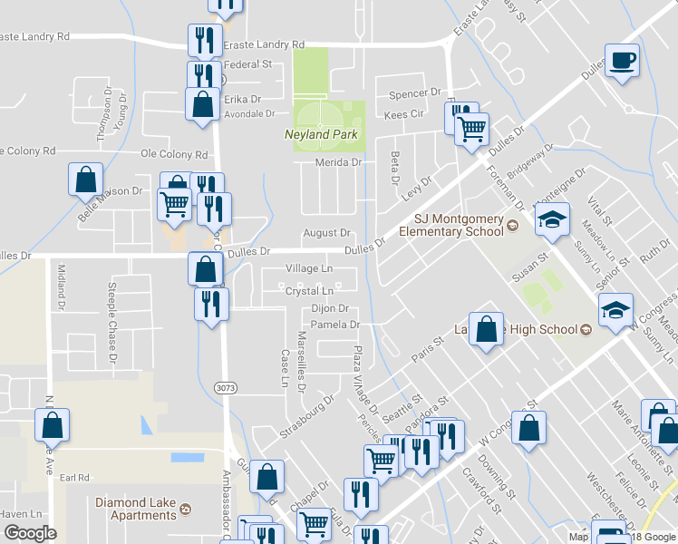 map of restaurants, bars, coffee shops, grocery stores, and more near 107 Village Lane in Lafayette