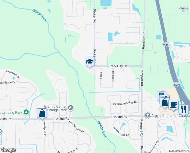 map of restaurants, bars, coffee shops, grocery stores, and more near 7535 Ricker Road in Jacksonville