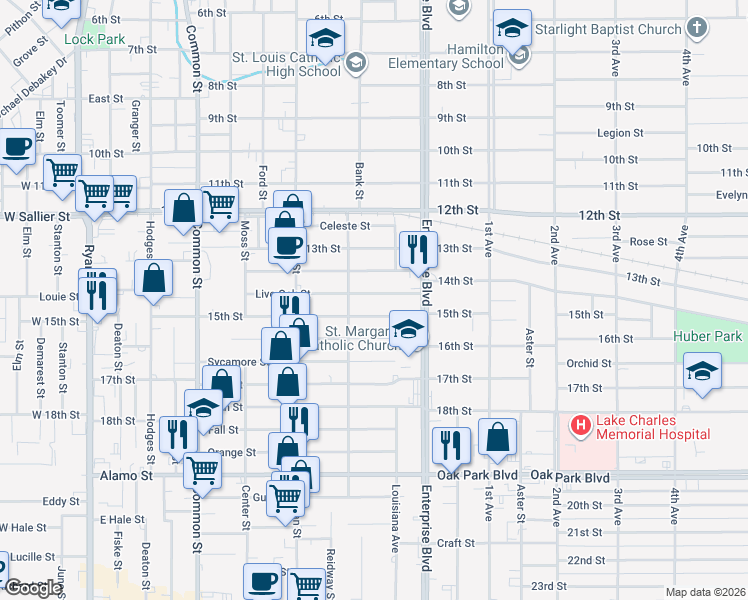 map of restaurants, bars, coffee shops, grocery stores, and more near 1004 Live Oak Street in Lake Charles