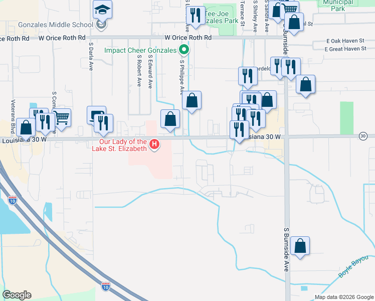 map of restaurants, bars, coffee shops, grocery stores, and more near 2628 South Roth Avenue in Gonzales