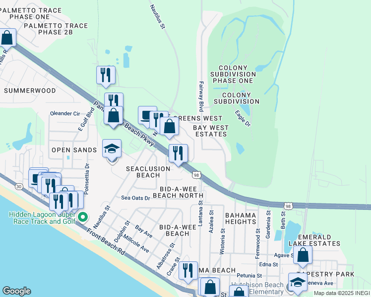 map of restaurants, bars, coffee shops, grocery stores, and more near 13800 Panama City Beach Parkway in Panama City Beach