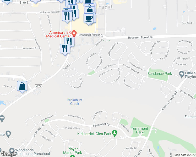 map of restaurants, bars, coffee shops, grocery stores, and more near 66 North Goldenvine Circle in Spring