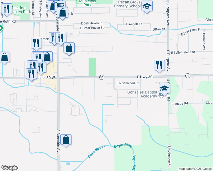 map of restaurants, bars, coffee shops, grocery stores, and more near 2681 Louis Marie Avenue in Gonzales