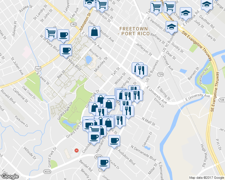 map of restaurants, bars, coffee shops, grocery stores, and more near 709 Wilson St in Lafayette
