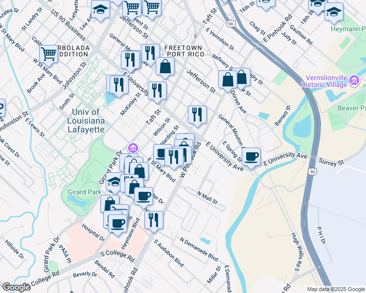 map of restaurants, bars, coffee shops, grocery stores, and more near 1000 Tulane Avenue in Lafayette