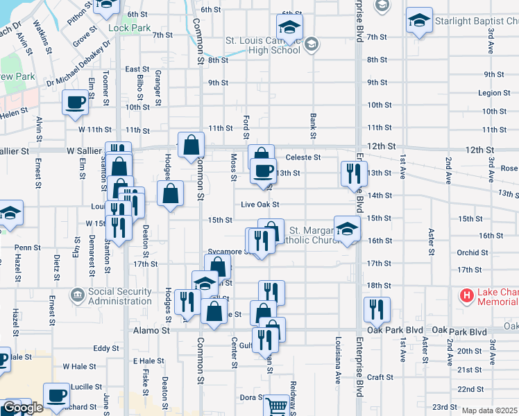 map of restaurants, bars, coffee shops, grocery stores, and more near 720-798 Live Oak St in Lake Charles