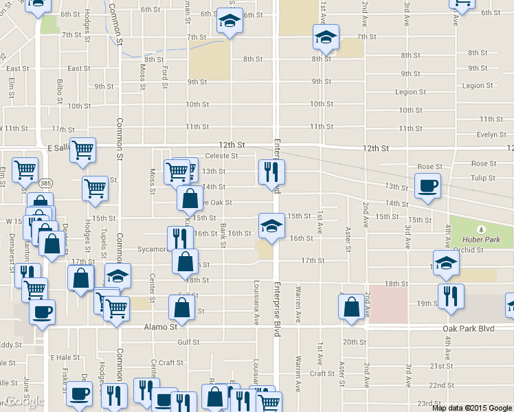 map of restaurants, bars, coffee shops, grocery stores, and more near 1102 Live Oak St in Lake Charles