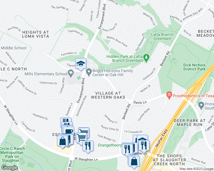 map of restaurants, bars, coffee shops, grocery stores, and more near 8713 Edmund Court in Austin