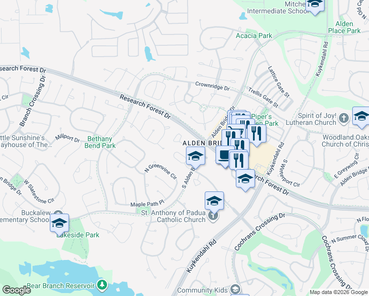 map of restaurants, bars, coffee shops, grocery stores, and more near 39 Auburn Path Drive in Spring