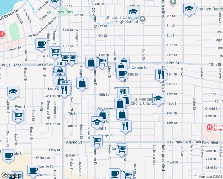 map of restaurants, bars, coffee shops, grocery stores, and more near 710 Live Oak Street in Lake Charles