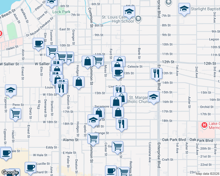 map of restaurants, bars, coffee shops, grocery stores, and more near 710 Live Oak Street in Lake Charles