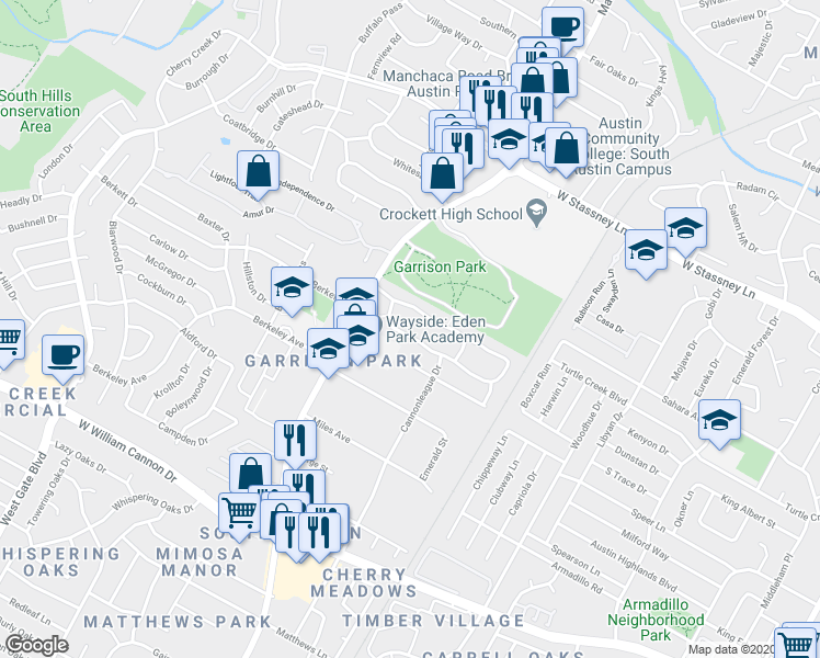 map of restaurants, bars, coffee shops, grocery stores, and more near 1912 Cannonwood Lane in Austin