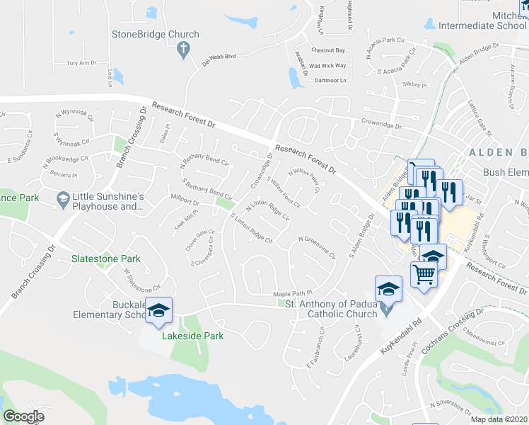 map of restaurants, bars, coffee shops, grocery stores, and more near 26 Long Springs Place in Spring