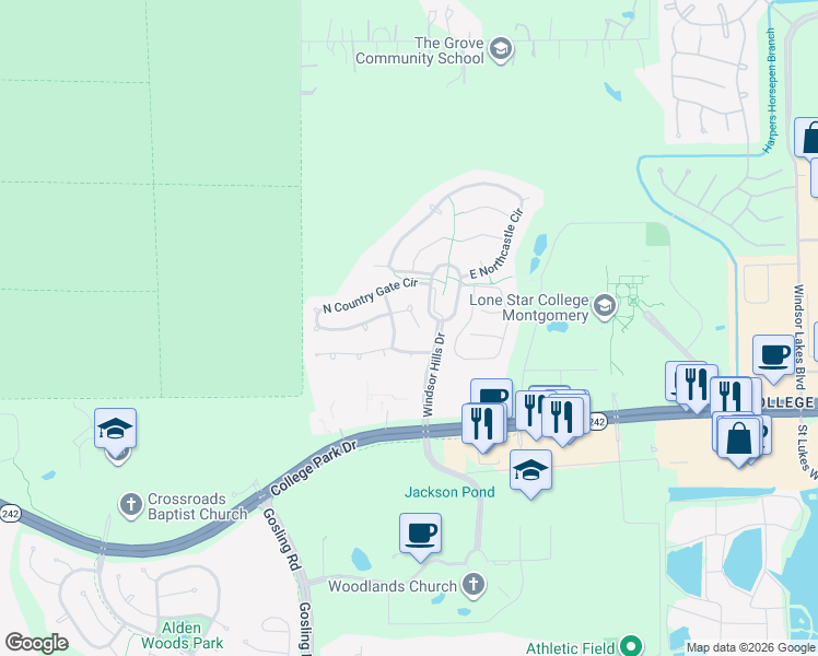 map of restaurants, bars, coffee shops, grocery stores, and more near 58 Golden Berry Drive in Conroe
