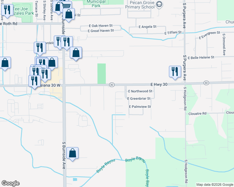 map of restaurants, bars, coffee shops, grocery stores, and more near 2681 Louis Marie Avenue in Gonzales