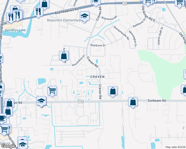 map of restaurants, bars, coffee shops, grocery stores, and more near 9139 Margolyn Court in Jacksonville
