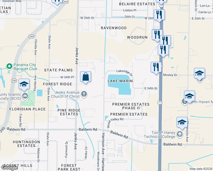 map of restaurants, bars, coffee shops, grocery stores, and more near 3404 Harrison Avenue in Panama City