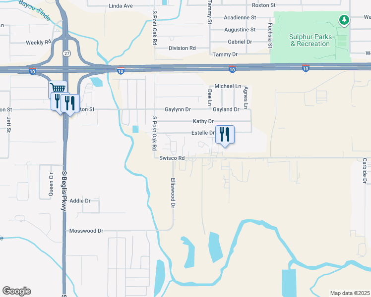 map of restaurants, bars, coffee shops, grocery stores, and more near 1331 Swisco Road in Sulphur