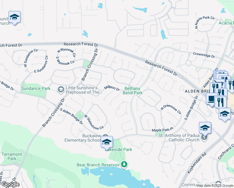 map of restaurants, bars, coffee shops, grocery stores, and more near 47 Teak Mill Place in The Woodlands