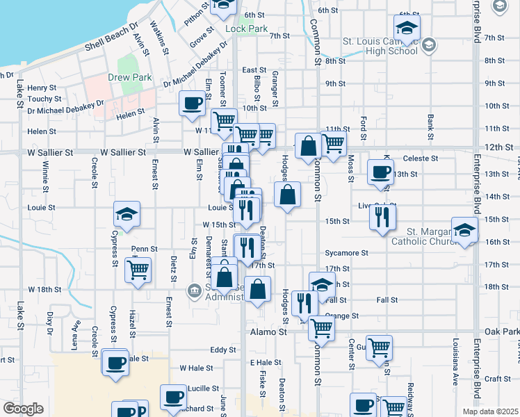 map of restaurants, bars, coffee shops, grocery stores, and more near 312 Chavanne St in Lake Charles