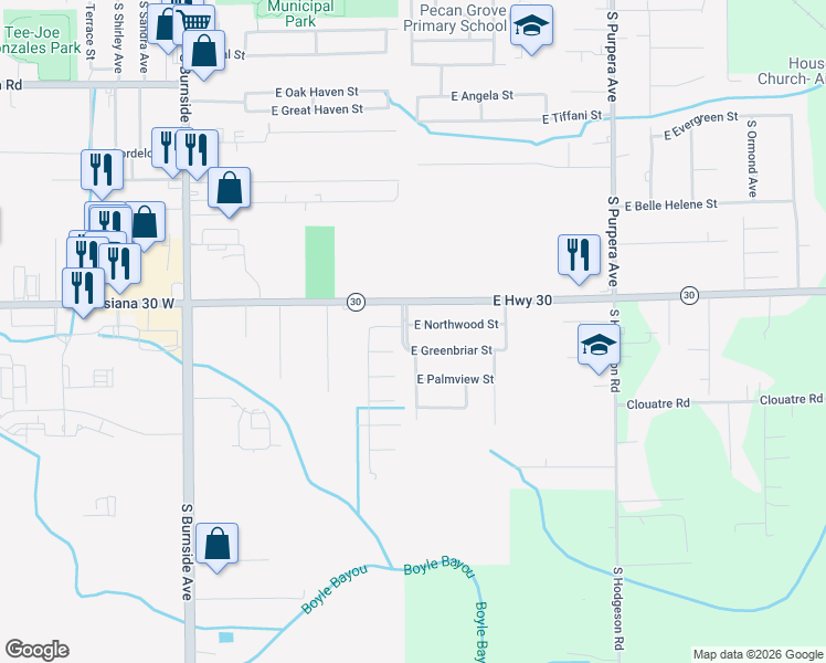 map of restaurants, bars, coffee shops, grocery stores, and more near 1007 East Northwood Street in Gonzales
