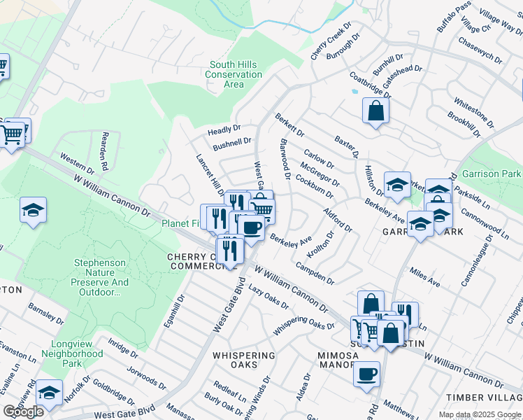 map of restaurants, bars, coffee shops, grocery stores, and more near 6700 West Gate Boulevard in Austin