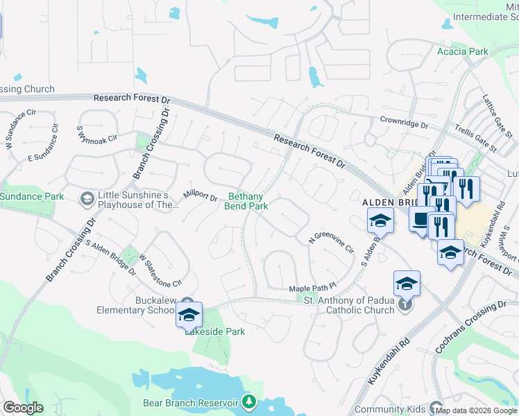 map of restaurants, bars, coffee shops, grocery stores, and more near 142 North Linton Ridge Circle in Spring