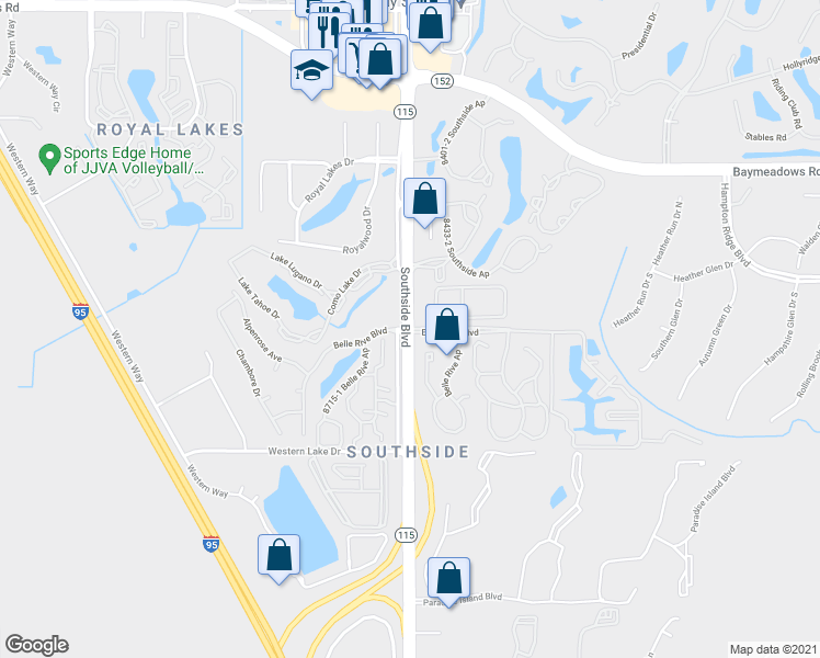 map of restaurants, bars, coffee shops, grocery stores, and more near Southside Blvd & Belle Rive Blvd in Jacksonville